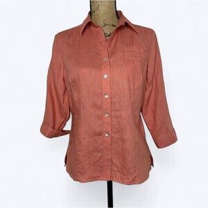 Vintage Edward 100% Linen Button Front Top‎ Sz M Pink 3/4 Sleeve Office Career
